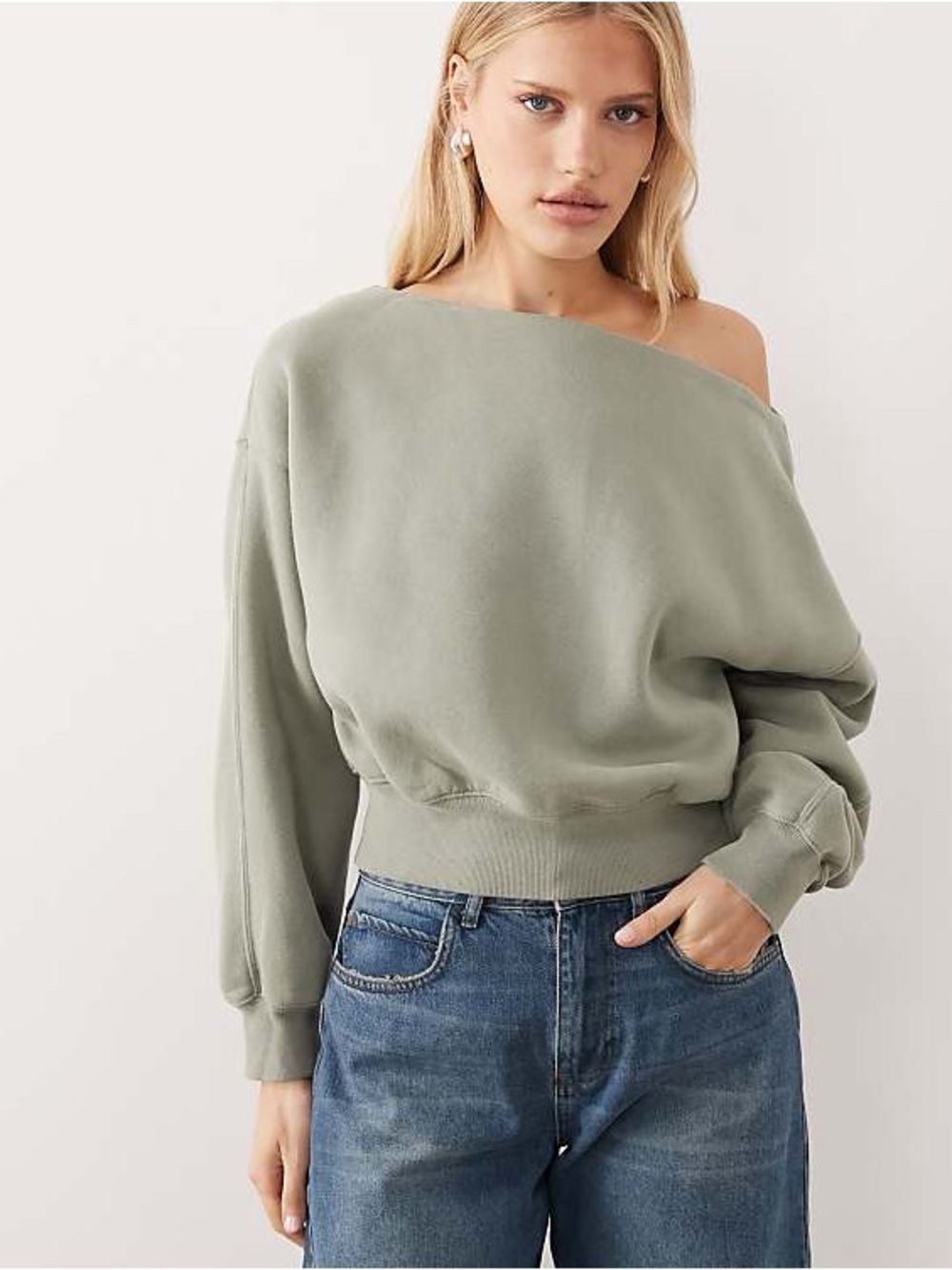 Abercrombie Slash Neck Off-Shoulder Sage Green Women's Sweatshirt